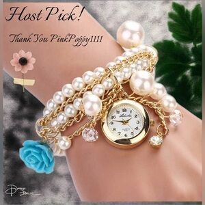 Ashiana Style Gold and Pearl Bracelet Watch with Blue Rose Charm